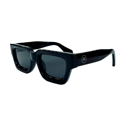 Black sunglasses with dark lenses on a white background