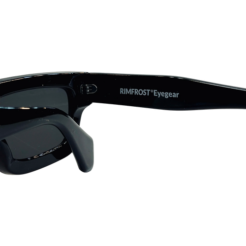 Black sunglasses with 'Rimfrost Eyegear' branding on a white background