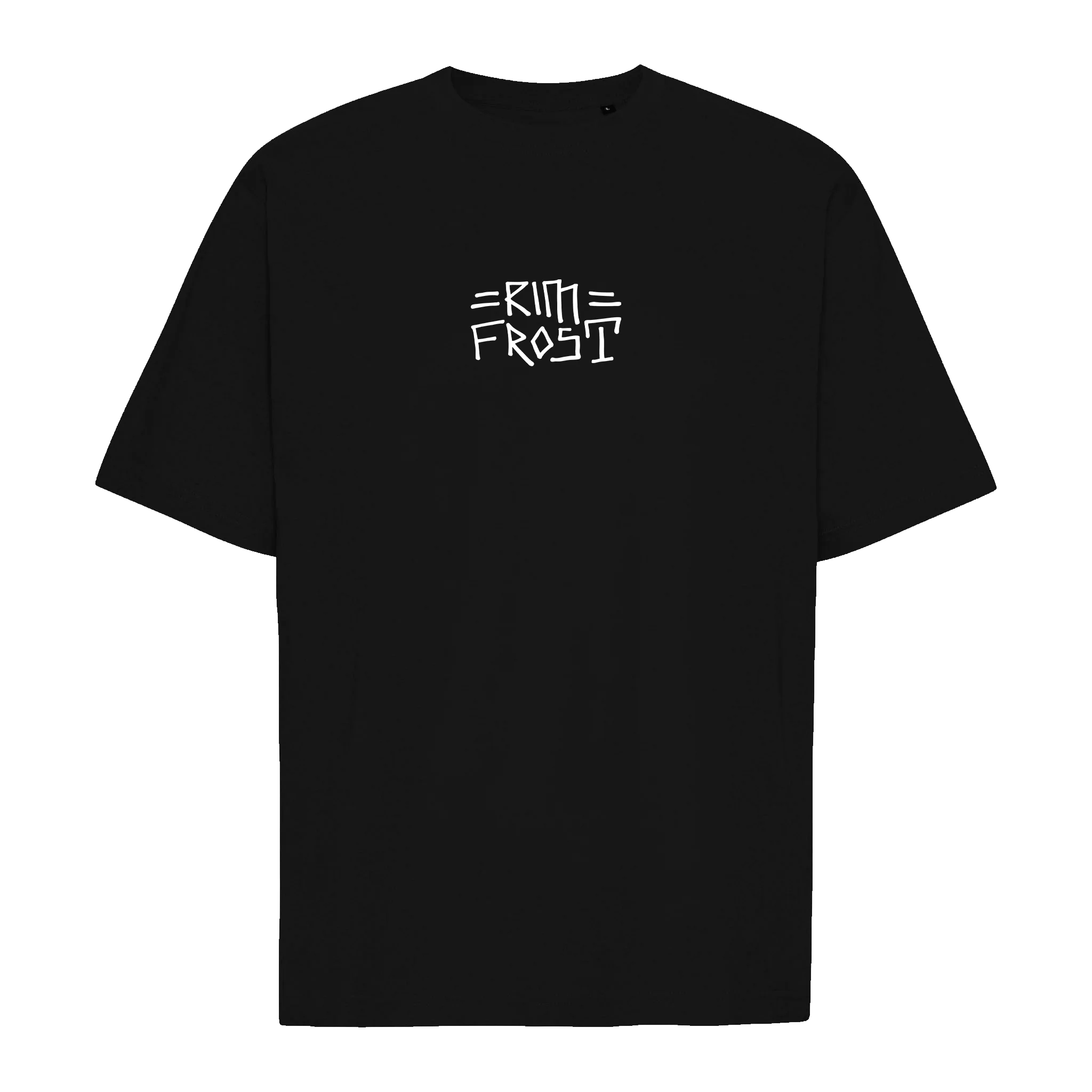 Black t-shirt with white text on a white background